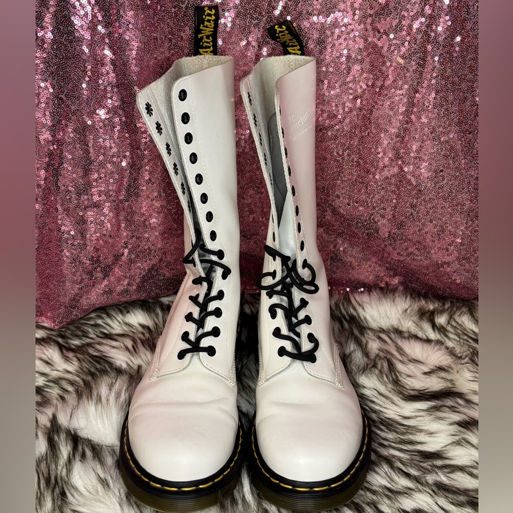 Dr. Martens 14 eye smooth White Leather Combat Boots with Black Laces